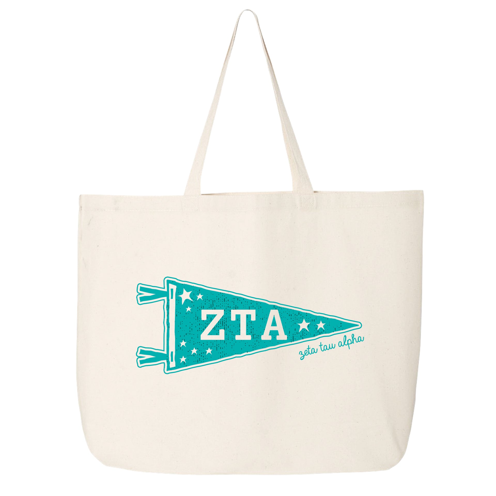 Zeta Tau Alpha collegiate pennant large canvas tote bag featuring ZTA Greek letters on a white background