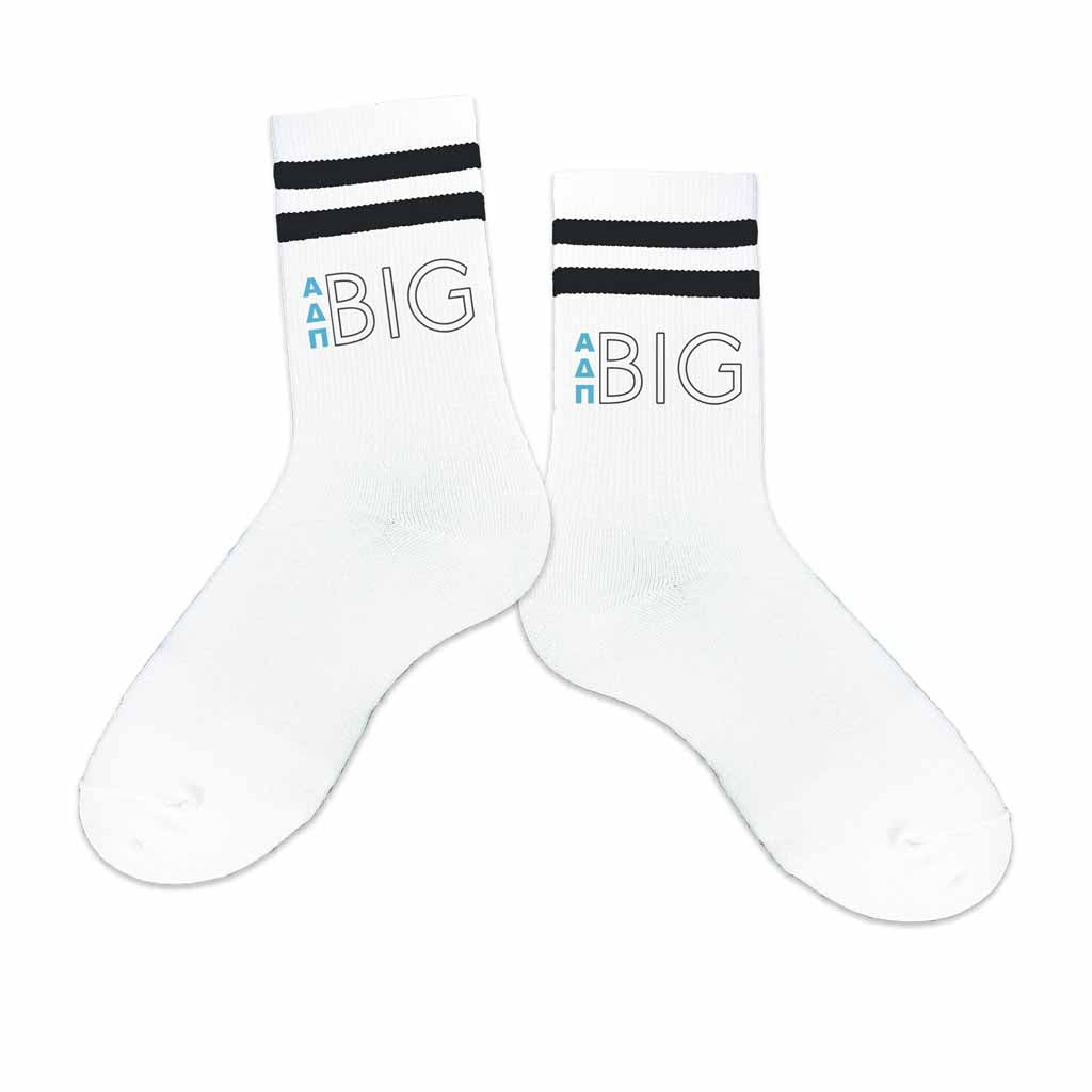 Big or Little sorority socks digitally printed with ADP Greek letters on striped cotton crew socks.