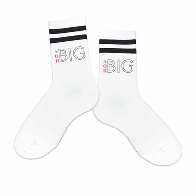 Alpha Omicron Pi sorority socks for your big or little with Greek letters printed on striped cotton crew socks.