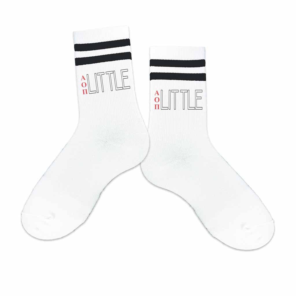 The perfect gift for your sorority big or little these AOP digitally printed on striped crew socks.