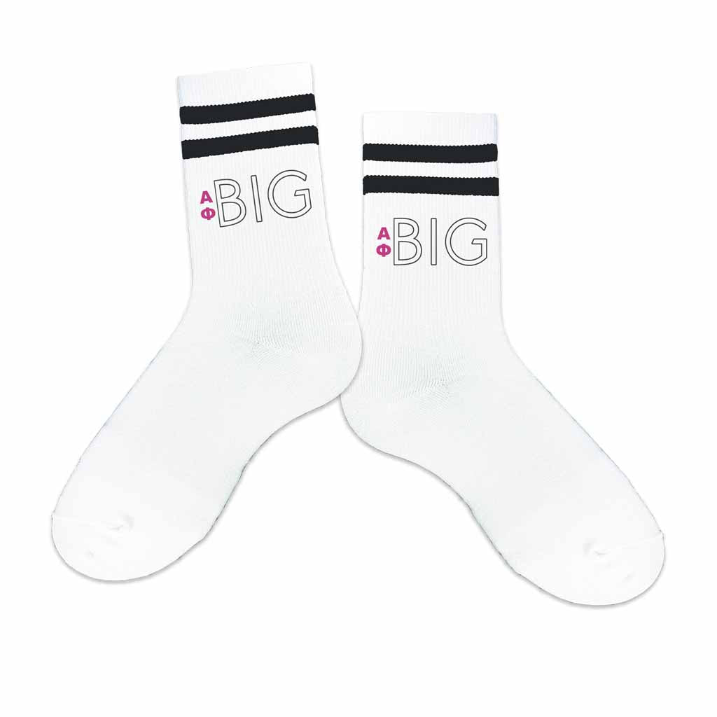 Alpha Phi sorority socks for your big or little with Greek letters on striped cotton crew socks.