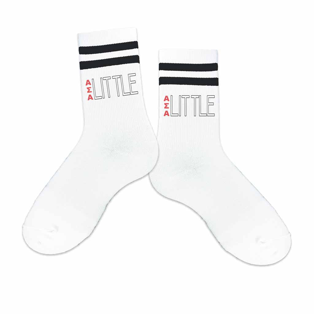 Alpha Sigma Alpha sorority socks for your big or little with Greek letters on striped cotton crew socks.