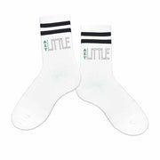 Big or little Alpha Sigma Tau sorority letters printed on the outside of black striped cotton crew socks.