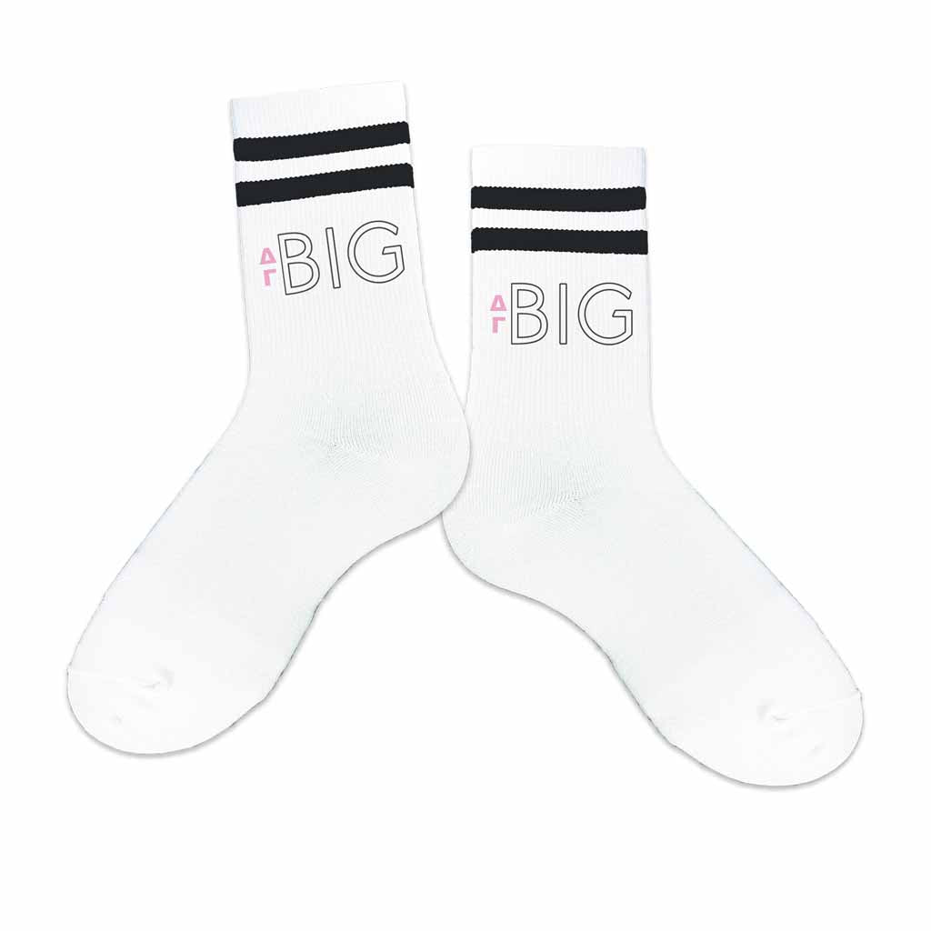 Delta Gamma sorority socks for your big or little printed with Greek letters on striped cotton crew socks.