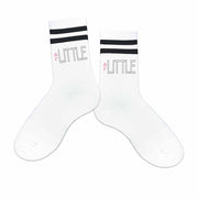 Big or little design with DG Greek letters printed on comfy black striped cotton crew socks make the perfect gift for your sorority sister.