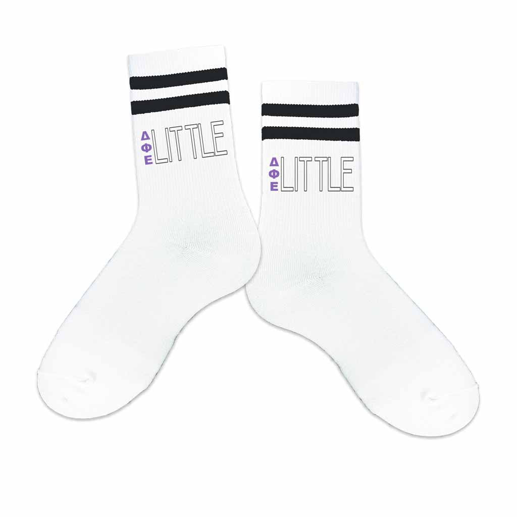 Delta Pi Epsilon sorority socks for your big or little printed with Greek letters on Striped cotton crew socks.