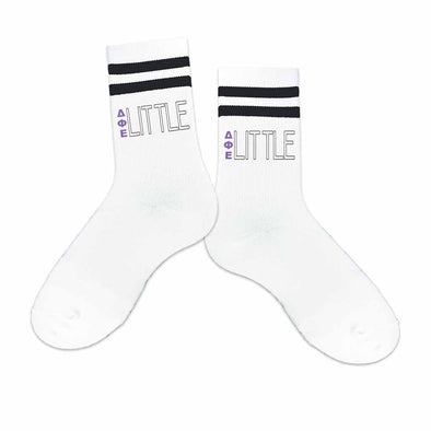 Delta Pi Epsilon sorority socks for your big or little printed with Greek letters on Striped cotton crew socks.