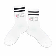 Big or little PM Greek letters printed on cotton black striped crew socks.