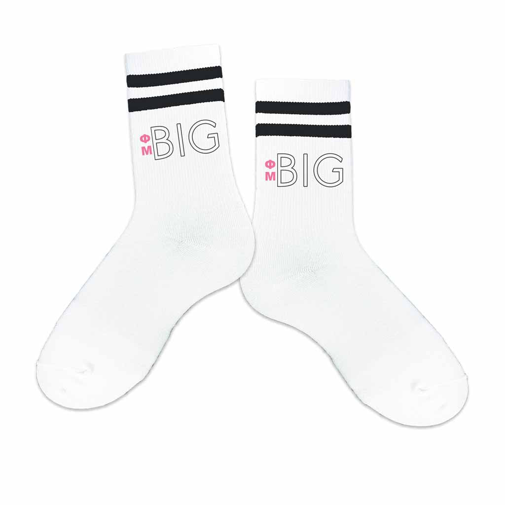 Big or little PM Greek letters printed on cotton black striped crew socks.