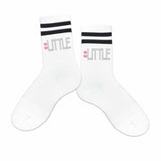 Phi Mu Greek letters big or little design digitally printed on comfy black striped cotton crew socks.