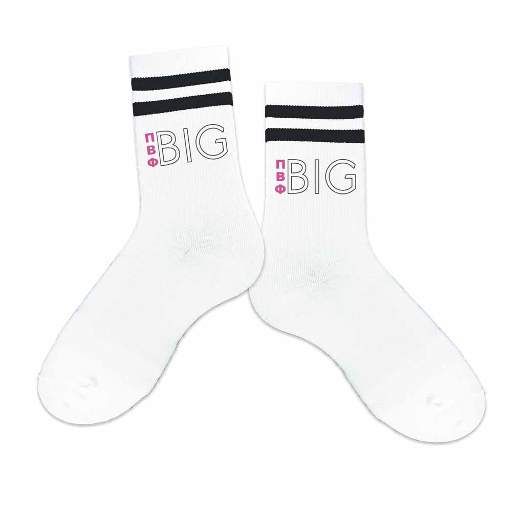 Big or little Pi Beta Phi sorority socks printed design on the side of black striped crew socks.