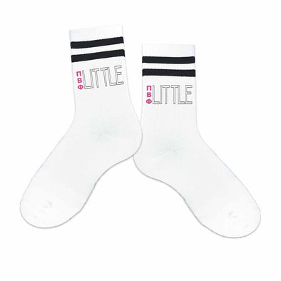 The perfect Pi Beta Pi sorority socks to wear for big and littles with the PBP Greek letters printed on black striped crew socks.