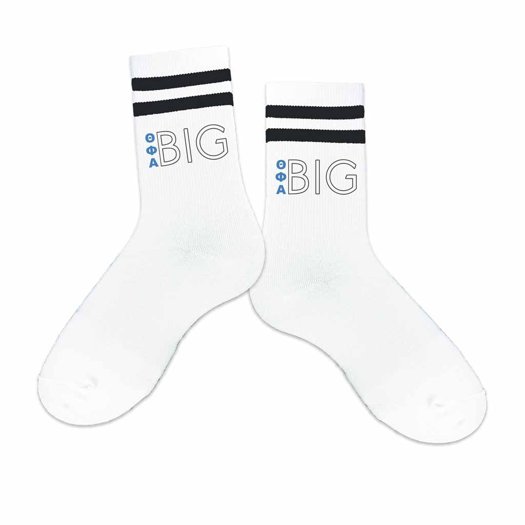 The perfect gift for your big or little are these digitally printed Theta Phi Alpha sorority socks on black striped crew socks.