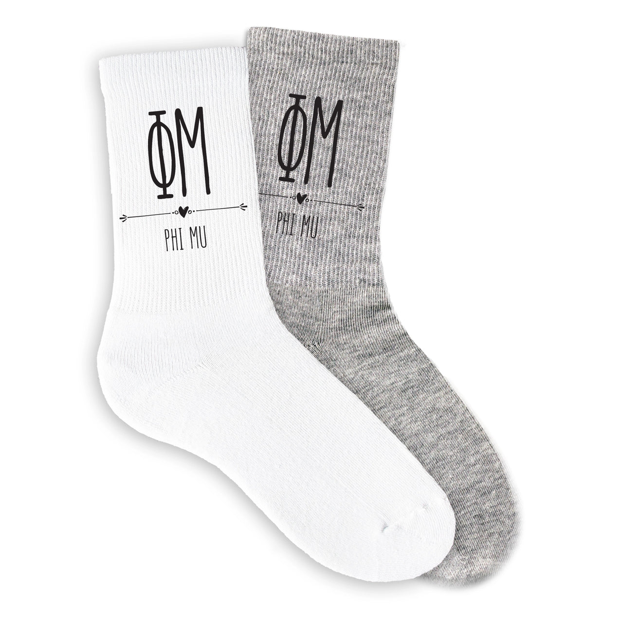 Phi Mu boho sorority letters and name on white and gray crew socks