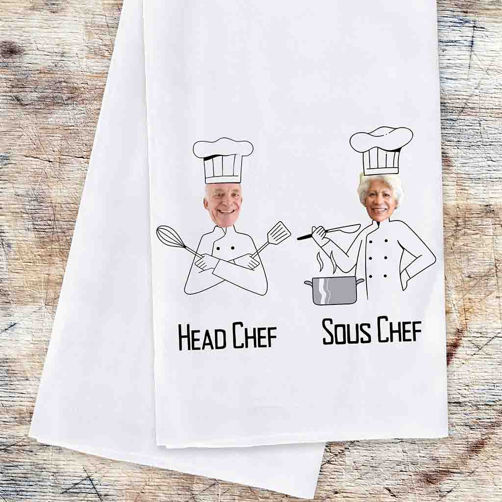 Head Chef and Sous Chef design digitally printed design with your own photo face digitally printed on kitchen towel.