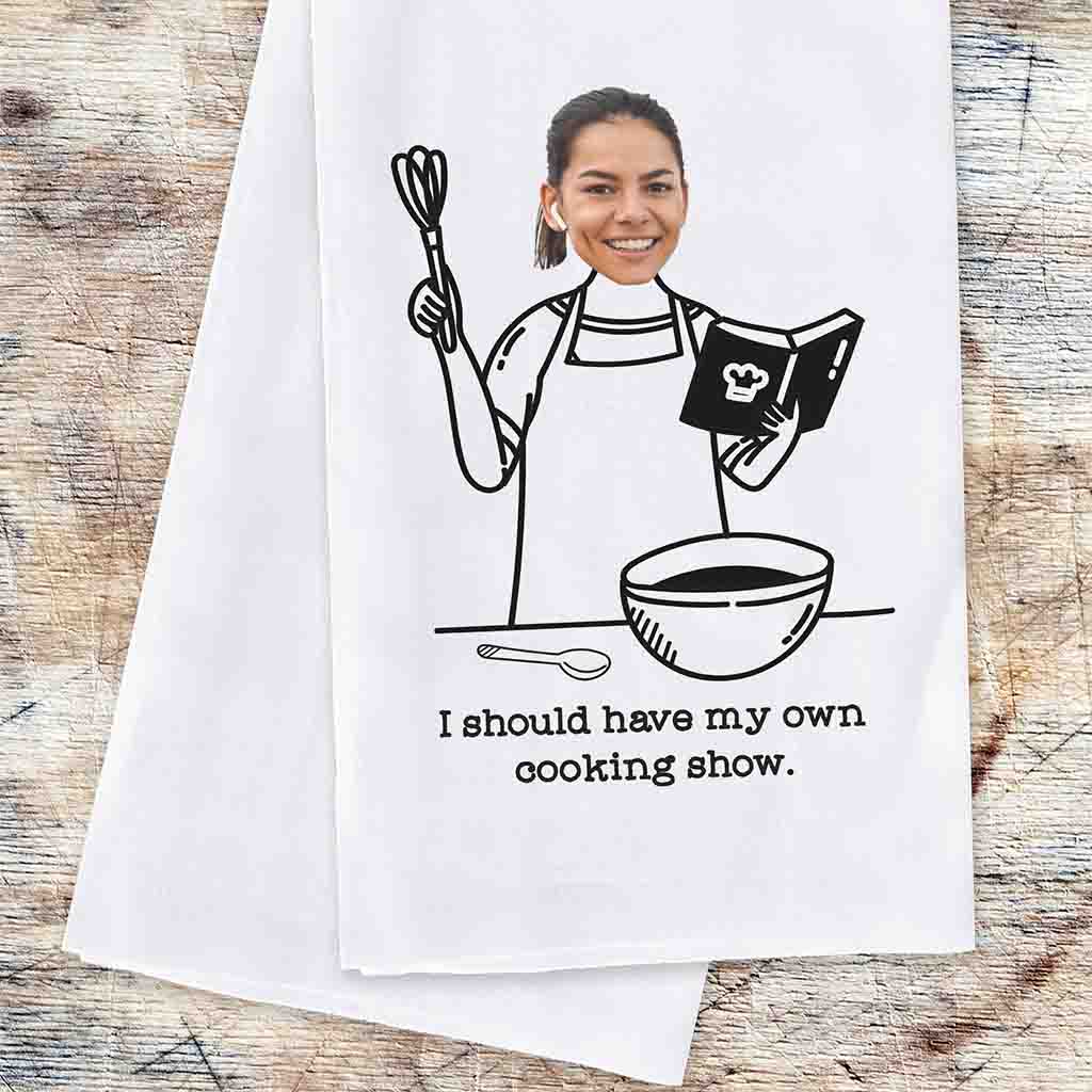 My own cooking show two piece dish towel set personalized with your initial and photo.