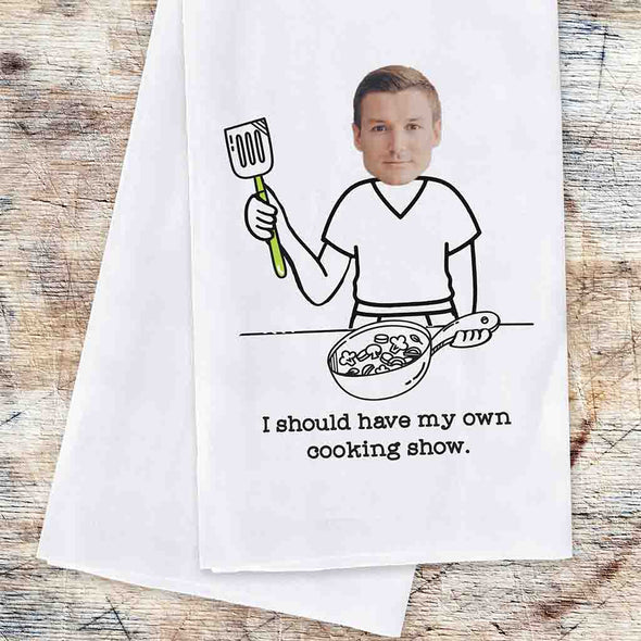 My own cooking show two piece dish kitchen towel set custom printed and personalized with your photo and initlal.