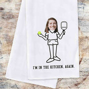 I'm in the kitchen again pickleball player digitally printed on two piece dish kitchen towel set personalized with your photo and initial with cute design.