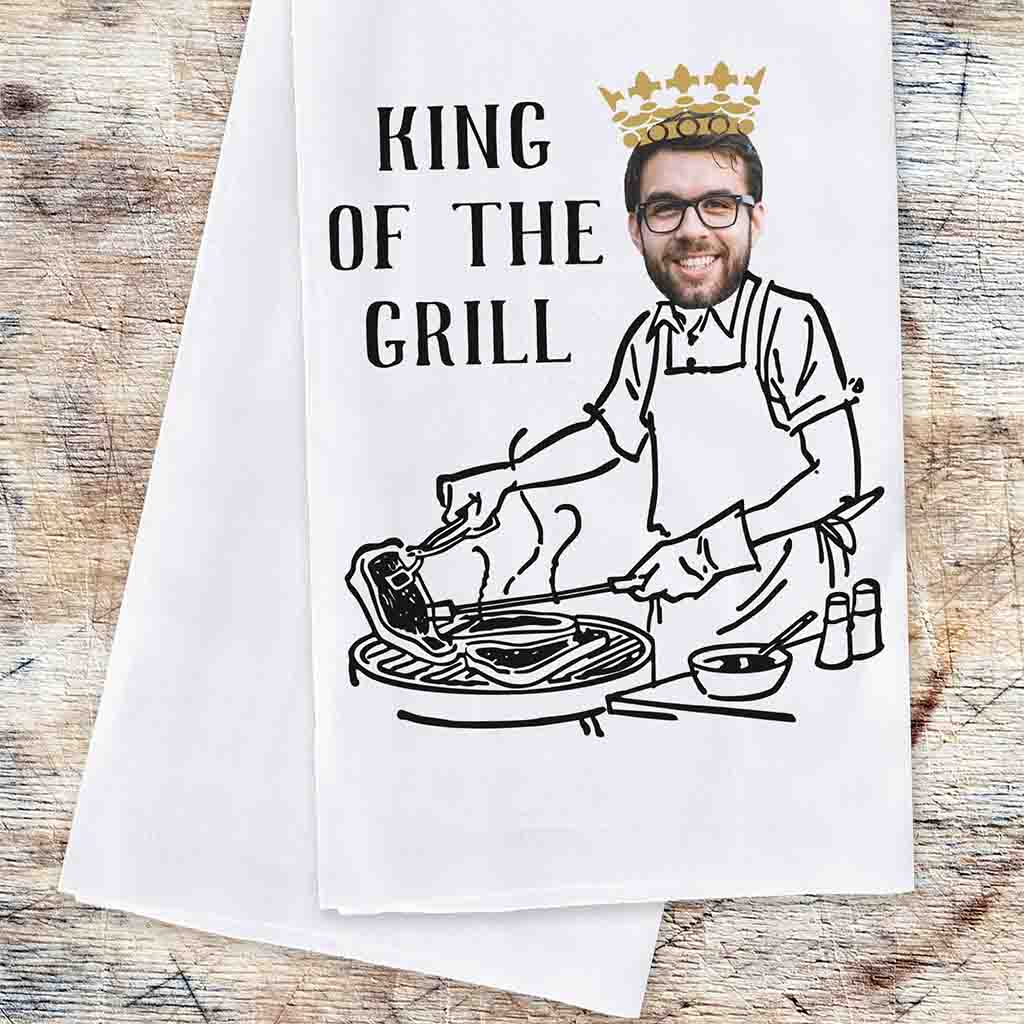 King of the Grill custom photo dishtowel for the grill master personalized gift set with monogram initial.