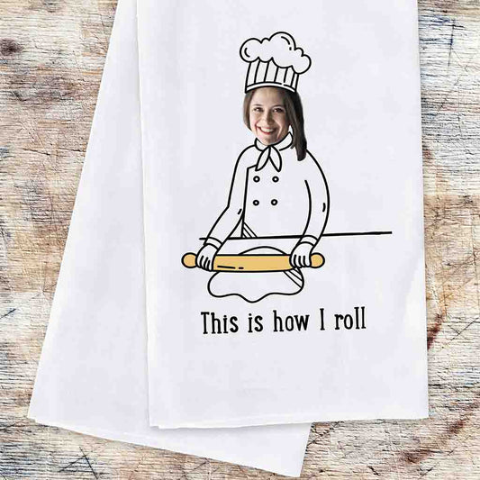 This is how I roll digitally printed on two piece dish kitchen towel set personalized with your photo and initial.