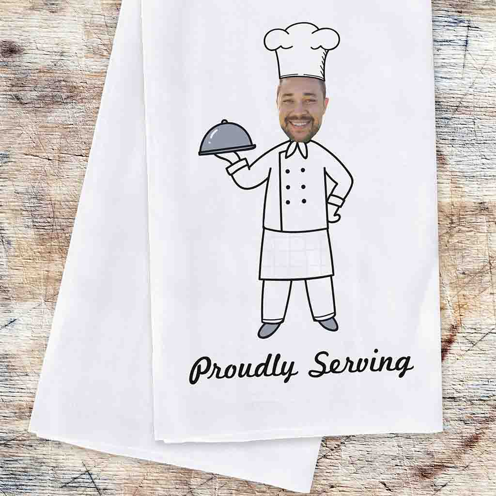 Proudly serving digitally printed humorous kitchen dish towel set for the cook with your photo and personalized with your monogram initial.