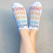 100% me sockprints design digitally printed on no show socks in classic or gripper sole.