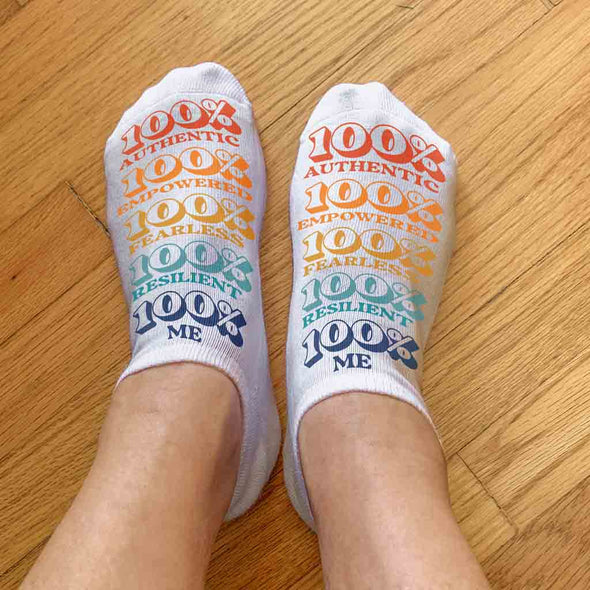 Full print self positivity design by sockprints digitally printed on no show socks.