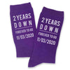 Celebrate a two year anniversary with personalized purple cotton socks for your special person to celebrate two years with the gift of cotton and custom printed two years down and forever to go and your wedding date digitally printed in white ink on the sides of purple dress socks.