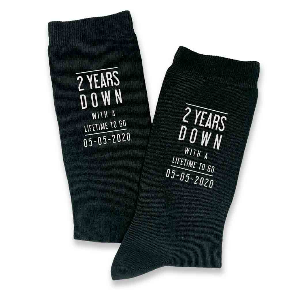 Two year anniversary custom printed cotton anniversary socks digitally printed with a lifetime to go and your wedding date.