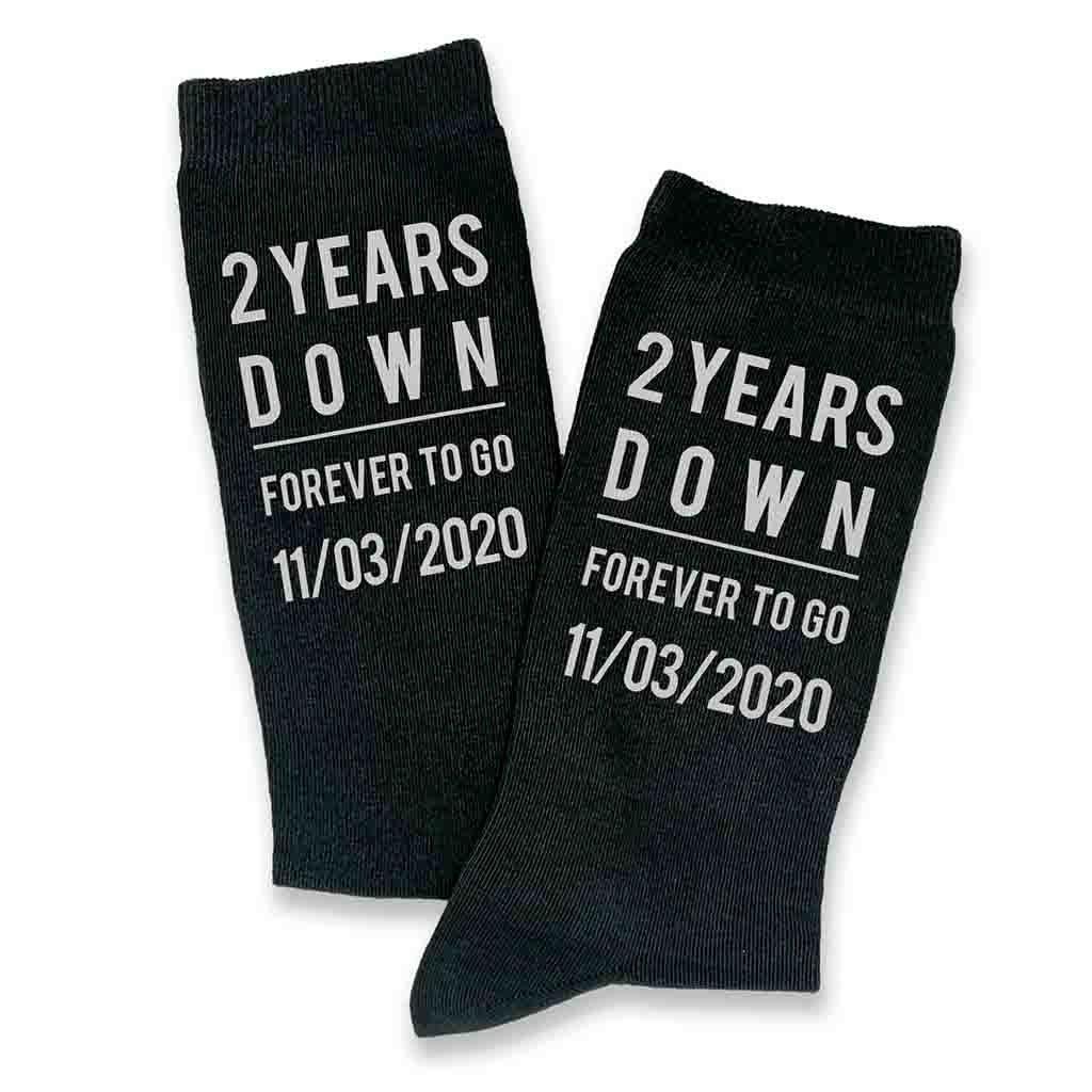 Celebrate a two year anniversary with personalized cotton socks for him digitally printed in white ink on the sides of the flat knit cotton dress socks.