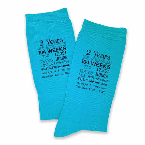 These custom printed turquoise socks make a great cotton anniversary gift him