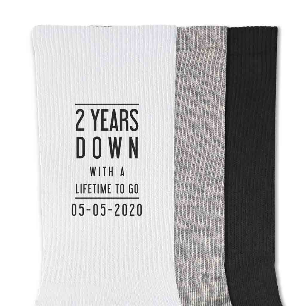 Two year anniversary custom printed cotton anniversary socks digitally printed with a lifetime to go and your wedding date.