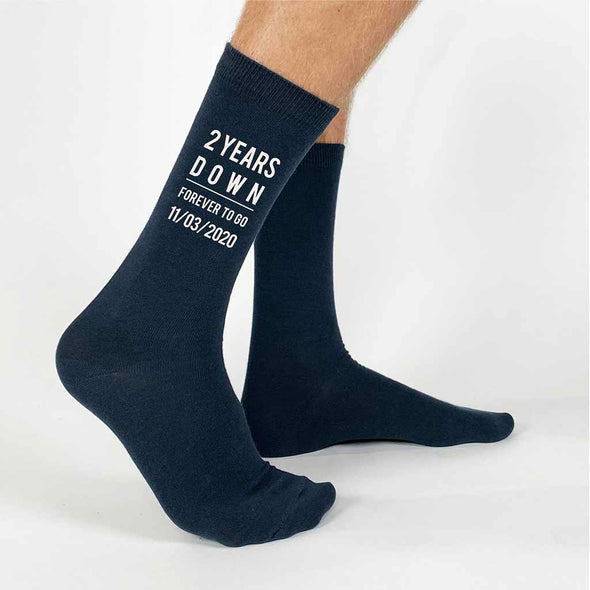 Celebrate a two year anniversary with personalized charcoal gray cotton socks for your special someone.