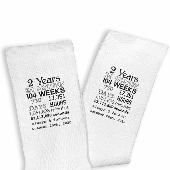 Anniversary timeline with your wedding date and always and forever custom printed on the sides of the socks.