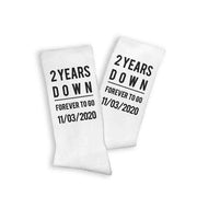 Celebrate a two year anniversary with personalized cotton socks for him digitally printed in black ink on the sides of the ribbed crew socks.