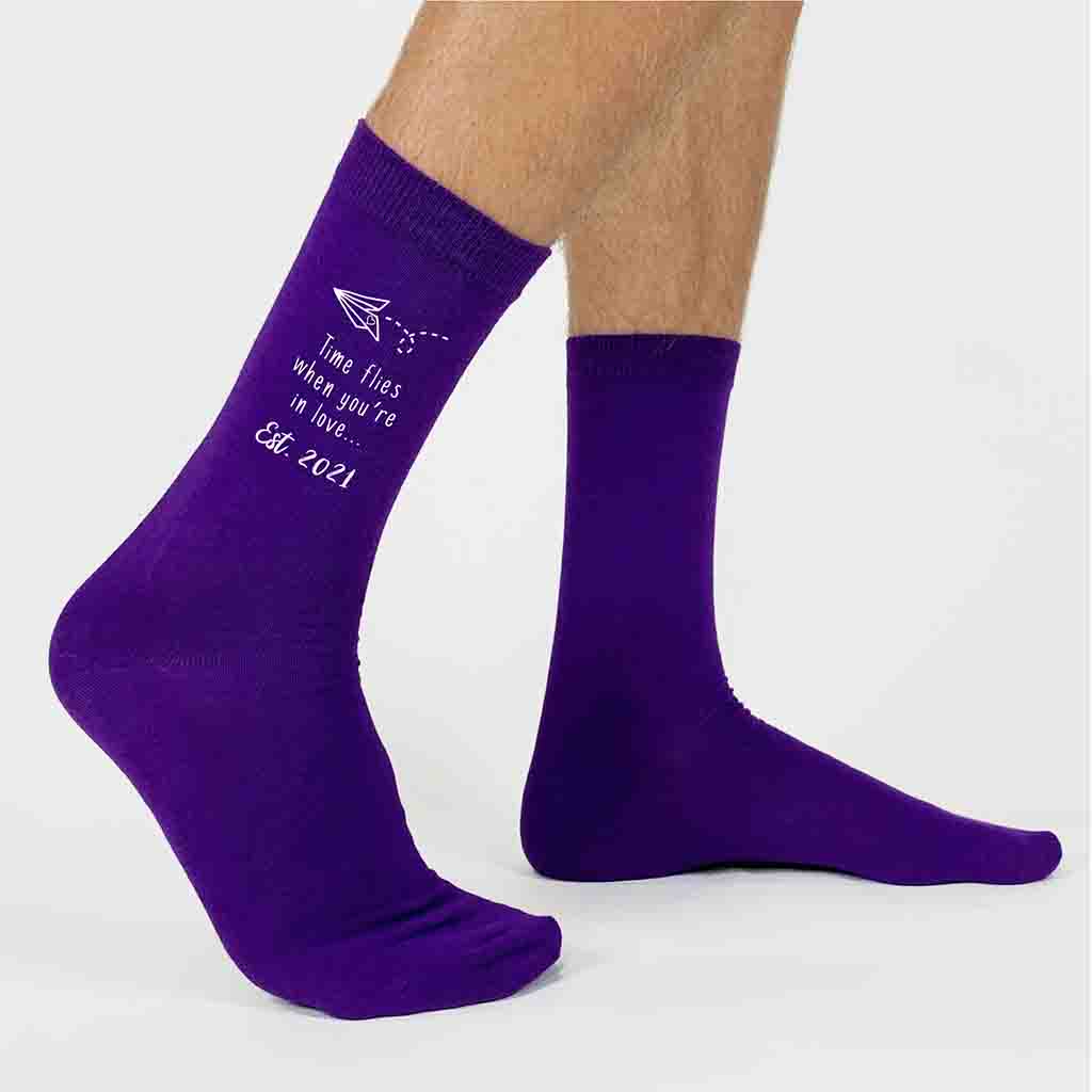 Time flies when you're in love digitally printed on socks and personalized with your established wedding year.