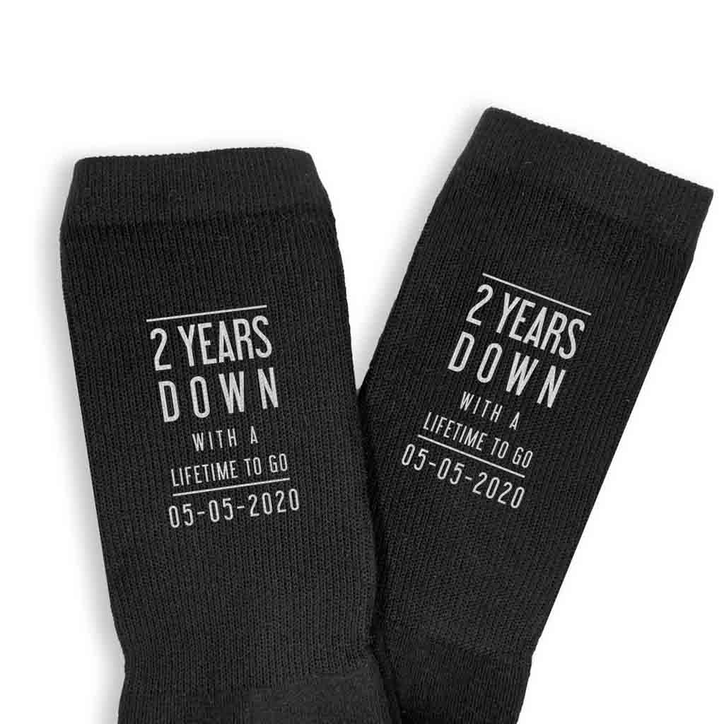 Two year anniversary custom printed cotton anniversary socks digitally printed with a lifetime to go and your wedding date.