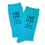 Two year anniversary custom printed cotton anniversary socks digitally printed with a lifetime to go and your wedding date.