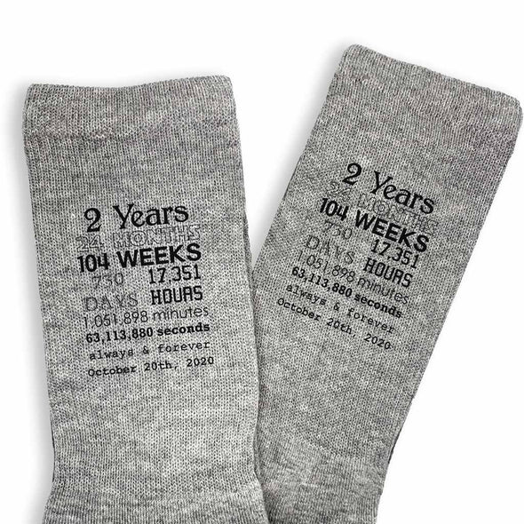Anniversary timeline with your wedding date and always and forever custom printed on the sides of the socks.