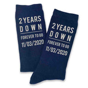 Celebrate a two year anniversary with personalized charcoal navy cotton socks for your special someone.