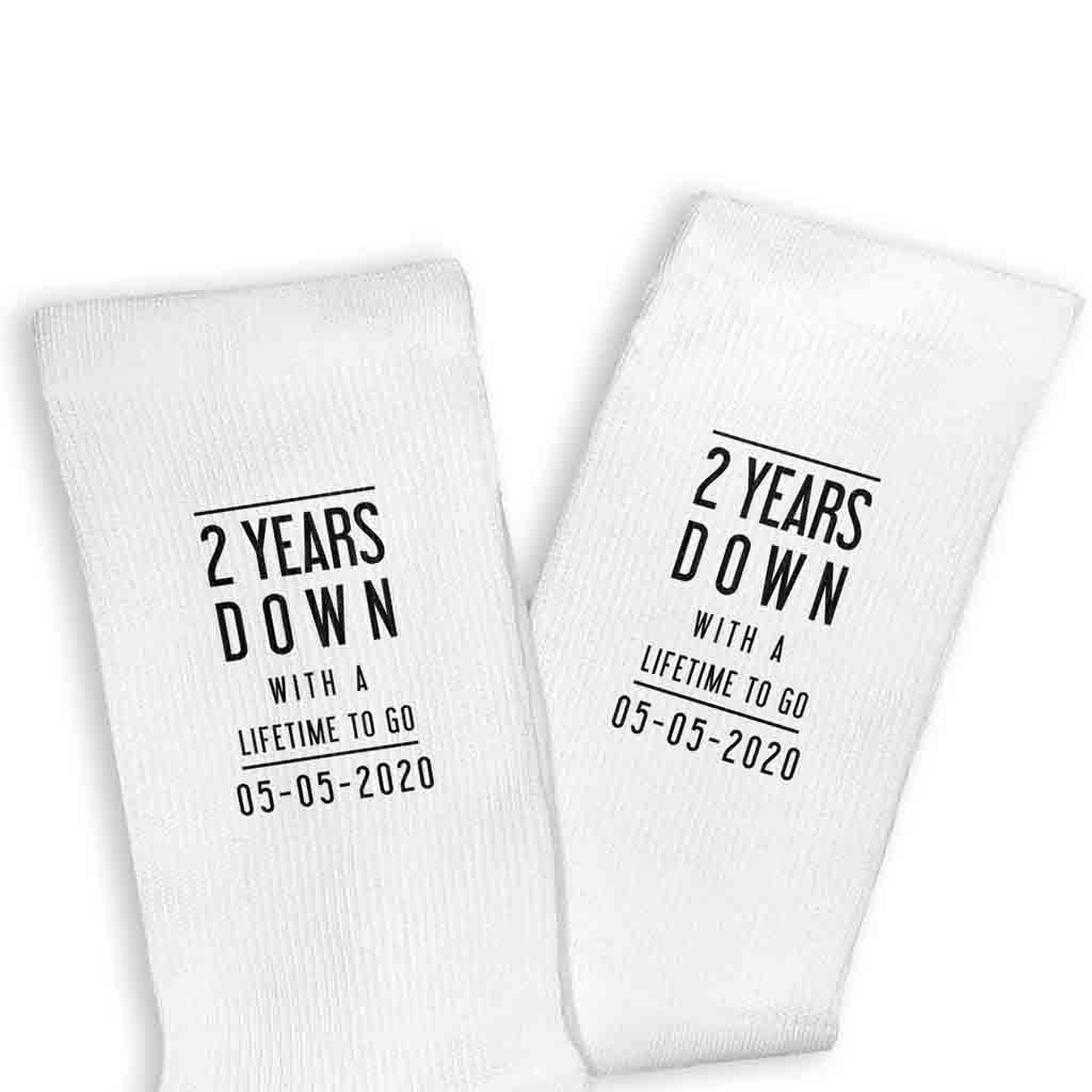 Two year anniversary custom printed cotton anniversary socks digitally printed with a lifetime to go and your wedding date.