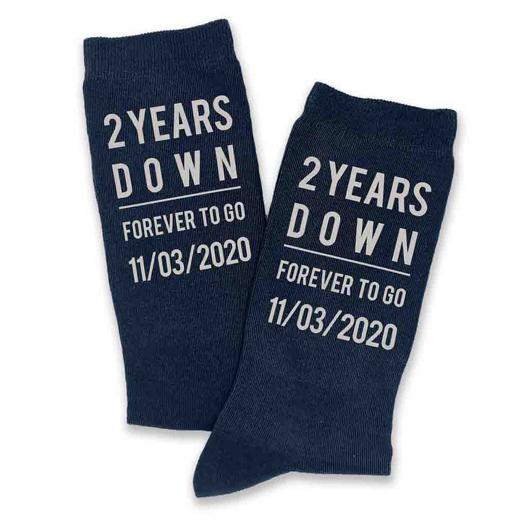 Celebrate a two year anniversary with personalized charcoal gray cotton socks for your special someone.