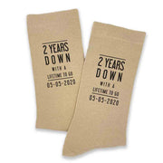 Two year anniversary custom printed cotton anniversary socks digitally printed with a lifetime to go and your wedding date.