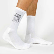 Anniversary timeline with your wedding date and always and forever custom printed on the sides of the socks.