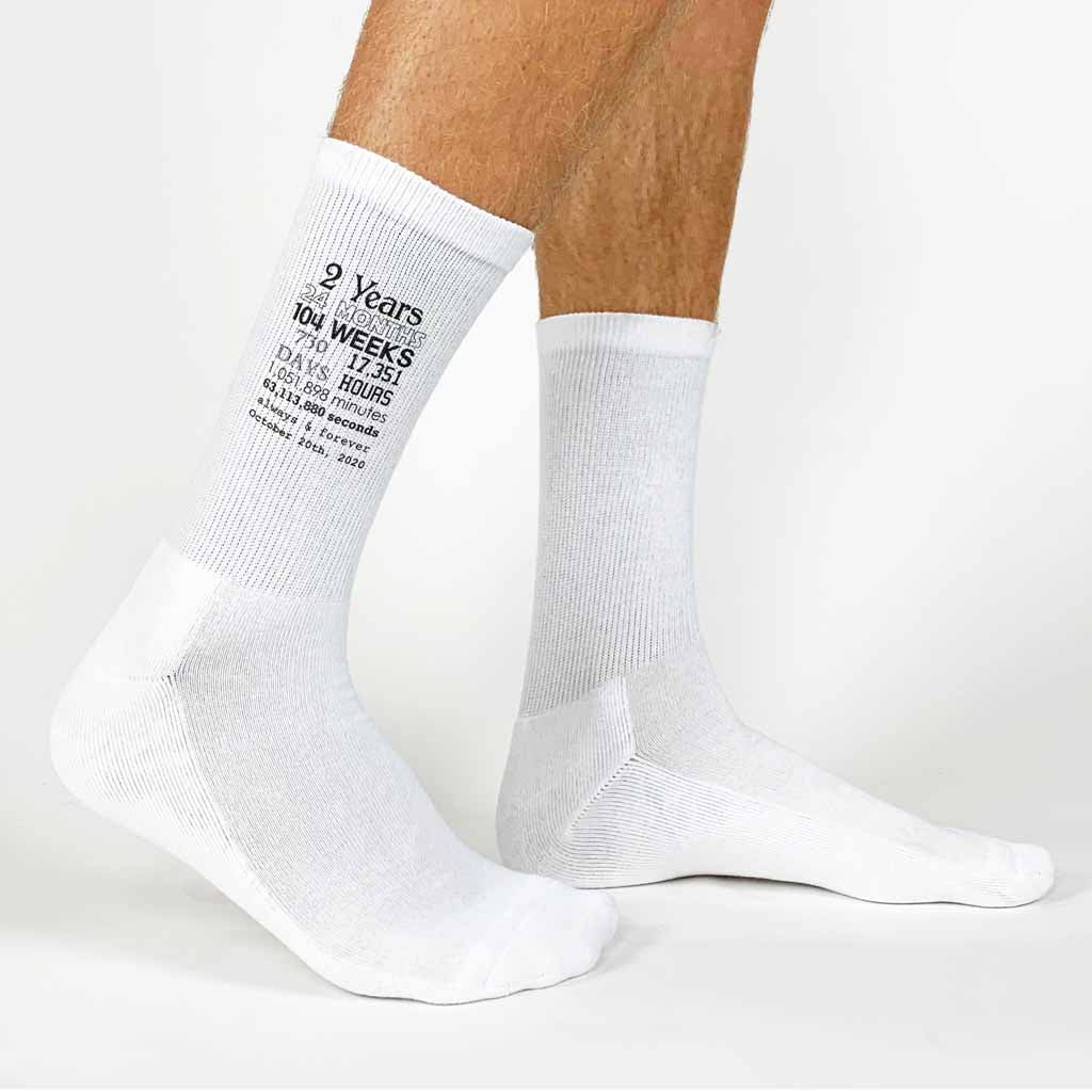 Anniversary timeline with your wedding date and always and forever custom printed on the sides of the socks.