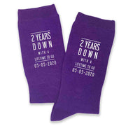 Two year anniversary custom printed cotton anniversary socks digitally printed with a lifetime to go and your wedding date.