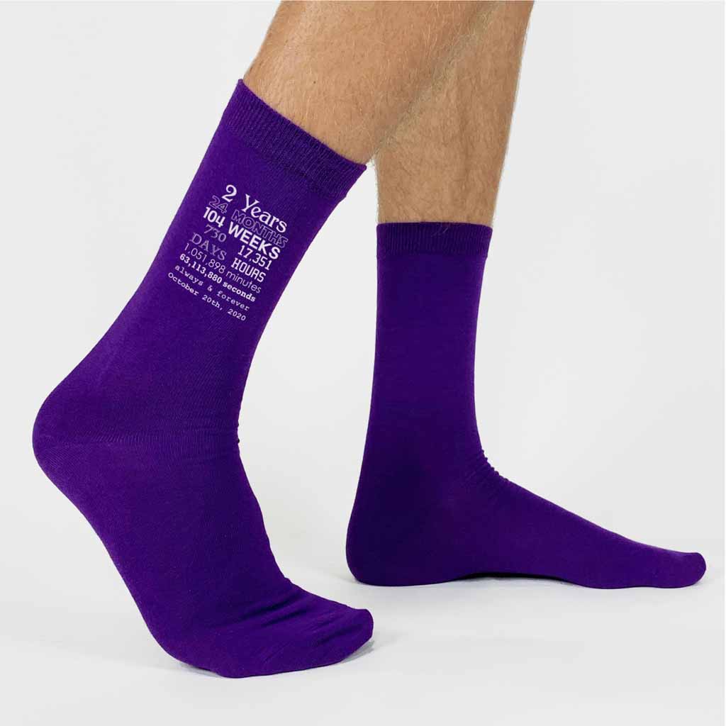 These custom printed purple socks make a great cotton anniversary gift him