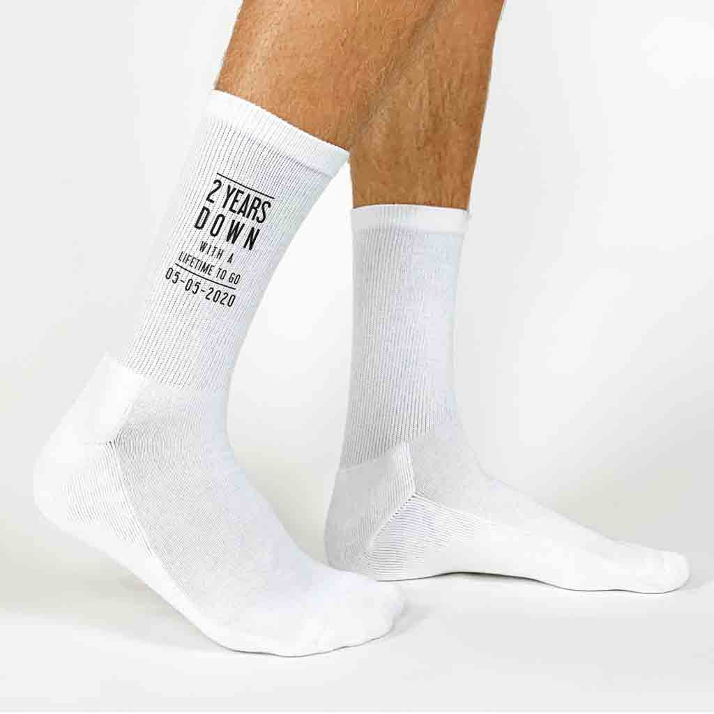 Two year anniversary custom printed cotton anniversary socks digitally printed with a lifetime to go and your wedding date.