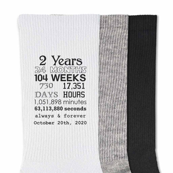Anniversary timeline with your wedding date and always and forever custom printed on the sides of the socks.