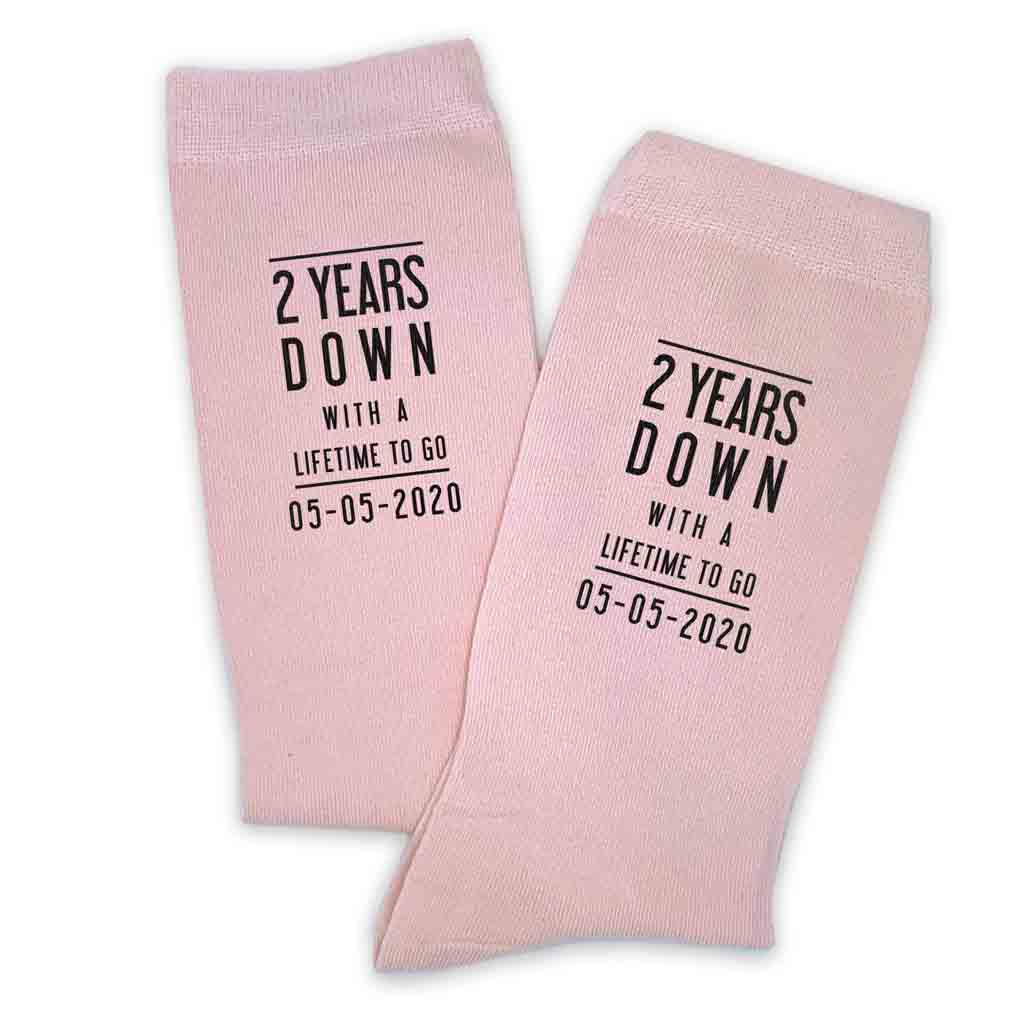 Two year anniversary custom printed cotton anniversary socks digitally printed with a lifetime to go and your wedding date.